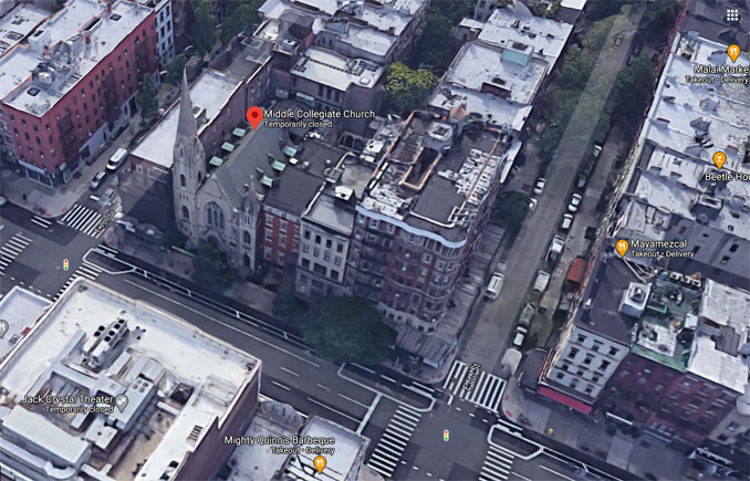 Middle Collegiate Church New York City (Imagery ©2020 Google, Imagery ©2020 Bluesky, CNES / Airbus, Maxar Technologies, Sanborn, Map data ©2020)