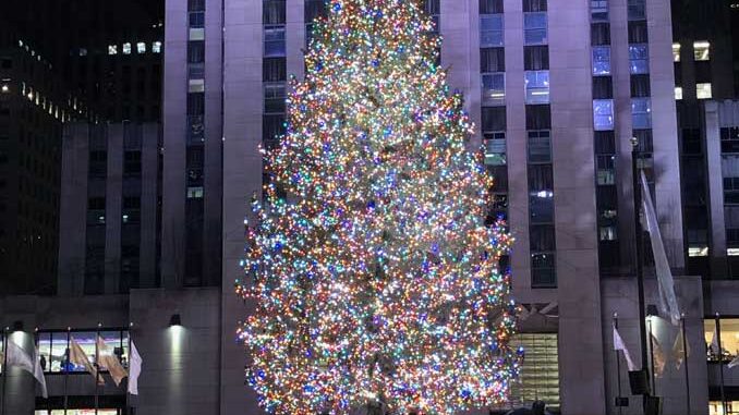 Rockefeller Center Christmas Tree in New York City in early December 2020 about 10 days before the first major snowstorm of the 2020-21 season