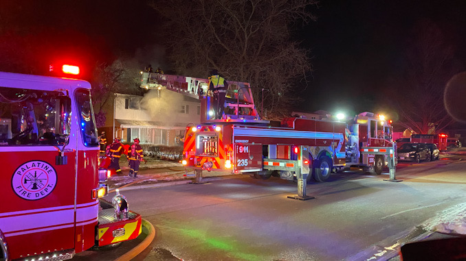 Buffalo Grove new Tower Ladder at scene of a house on Ivy Lane where Arlington Heights Engine 4 was just ahead at the hydrant