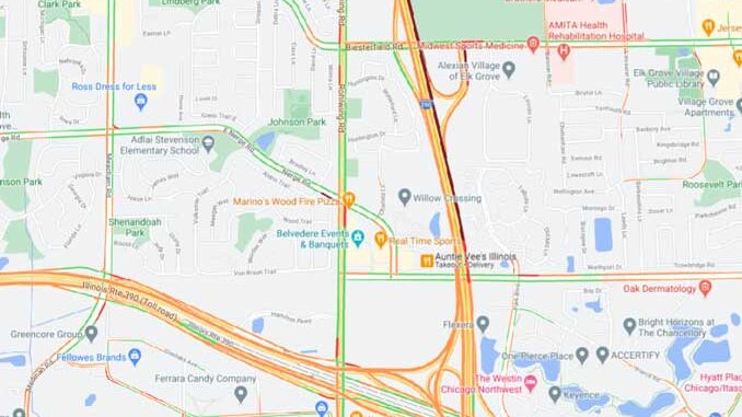 Map of rollover box truck crash on IL-53/I-290 north of Biesterfield Road near Elk Grove Village