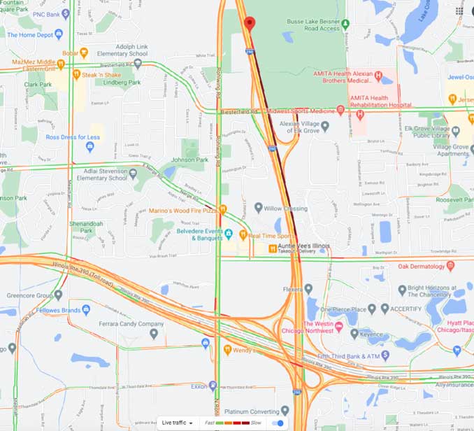 Map of rollover box truck crash on IL-53/I-290 north of Biesterfield Road near Elk Grove Village