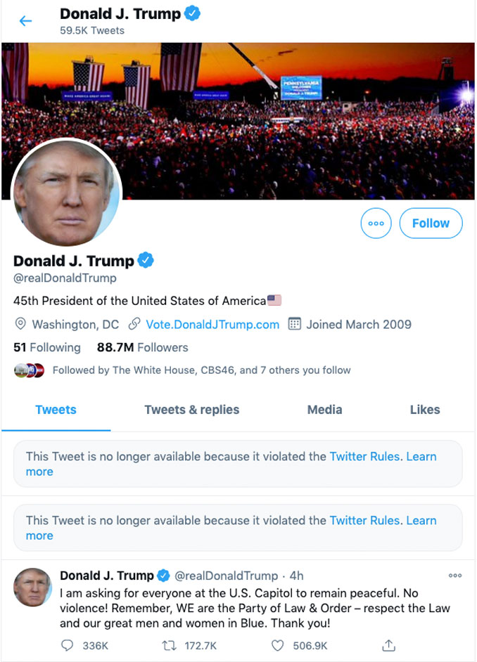 Donald Trump Twitter Account before suspension on January 7, 2021