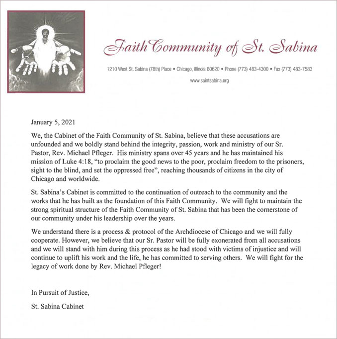 Letter from the Faith Community of St. Sabina regarding Father Michael Pfleger