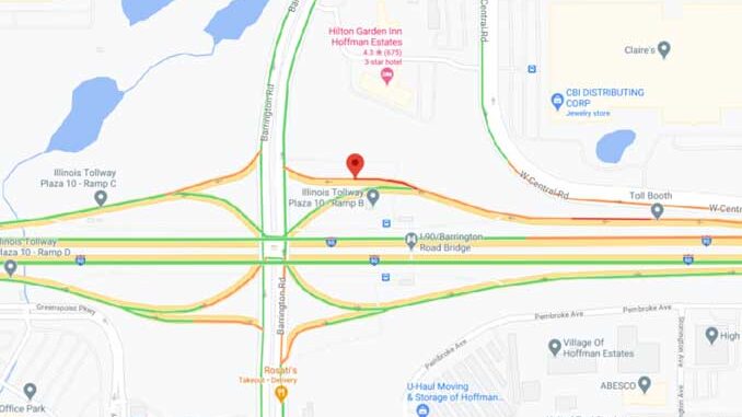 Map of crash scene at Tollway Plaza 10 on I-90 West at the Barrington Road exits (Map data ©2021 Google) Map of crash scene at Tollway Plaza 10 on I-90 West at the Barrington Road exits (Map data ©2021 Google)