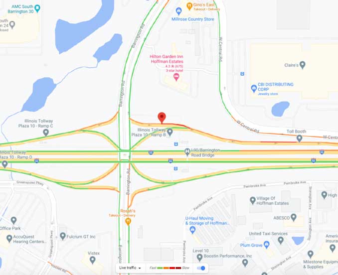 Map of crash scene at Tollway Plaza 10 on I-90 West at the Barrington Road exits (Map data ©2021 Google)