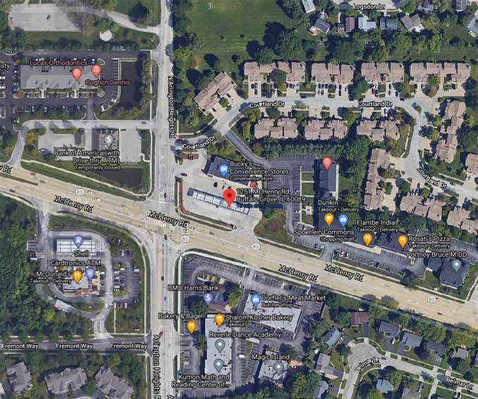 Mobil gas station at McHenry Road and Arlington Heights Road, Buffalo Grove (Imagery ©2021 Maxar Technologies, U.S. Geological Survey, USDA Farm Service Agency, Map data ©2021 Google)