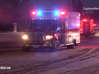 Palatine Ambulance 82 arriving at head-on crash scene with fire on US-12 and Wilke Road in Palatine