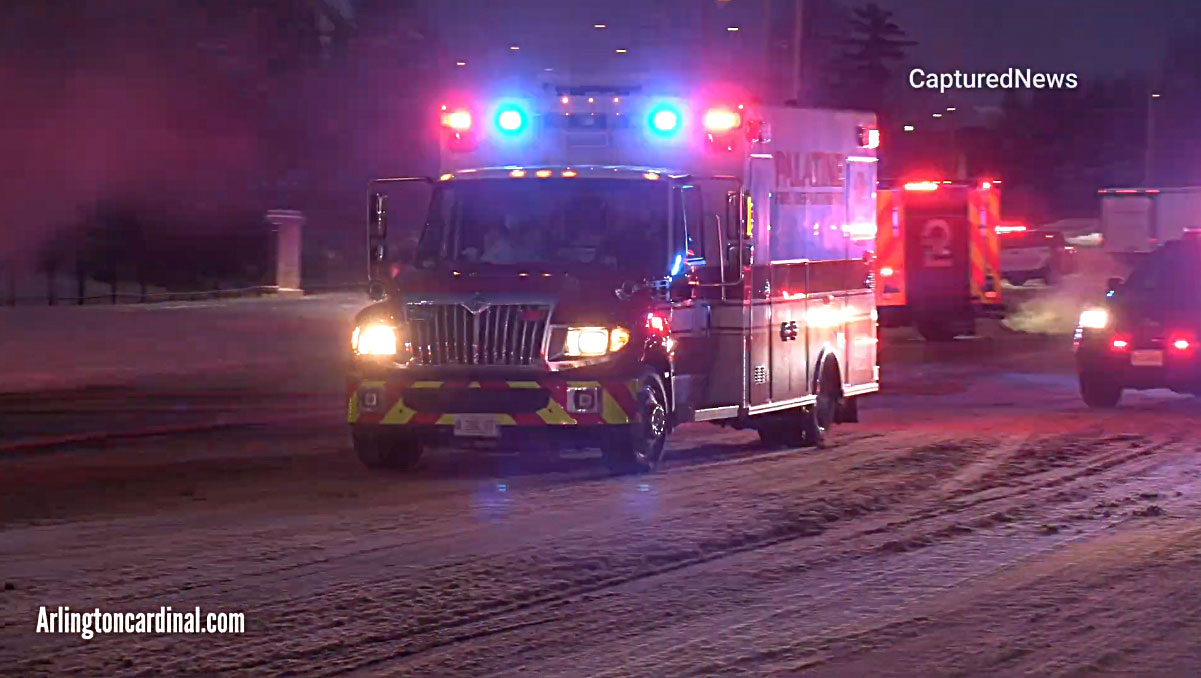Palatine Ambulance 82 arriving at head-on crash scene with fire on US-12 and Wilke Road in Palatine