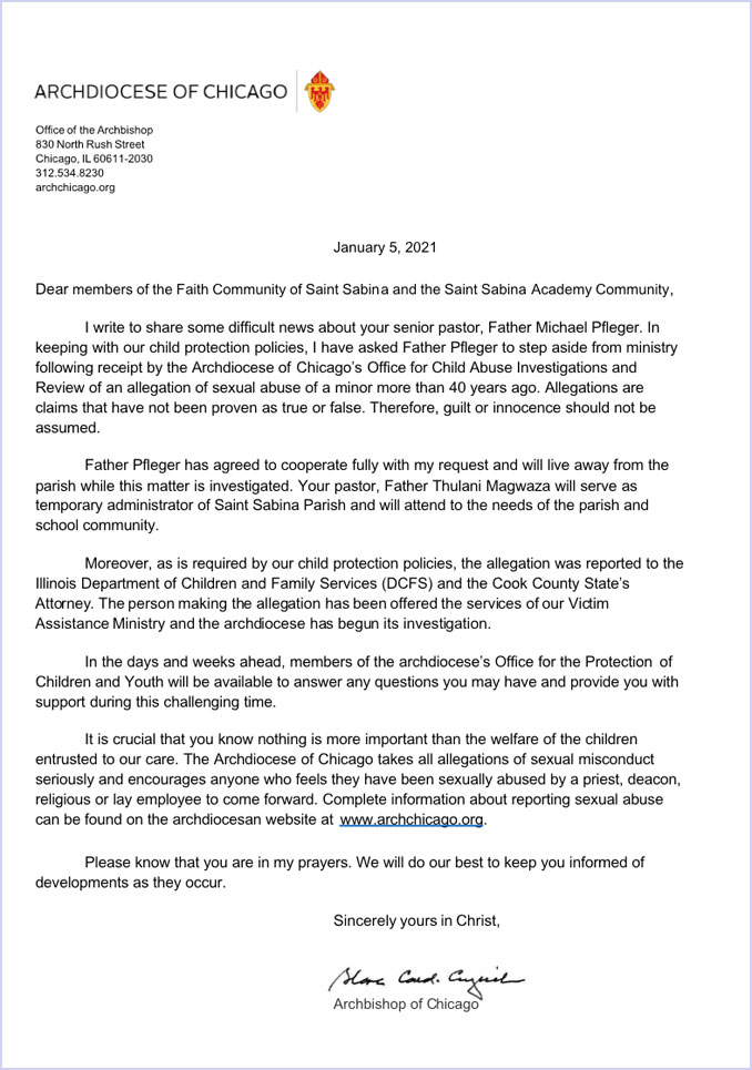 Letter regarding Father Michael Pfleger from Cardinal Blase Cupich, Archbishop of Chicago