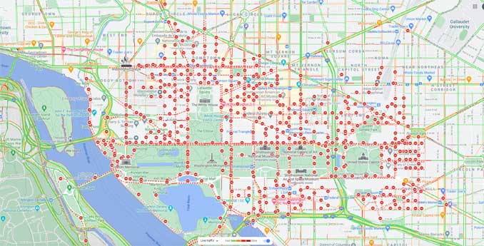 Washington DC on January 18, 2021 (Google maps traffic layer, Map data ©2021 Google)