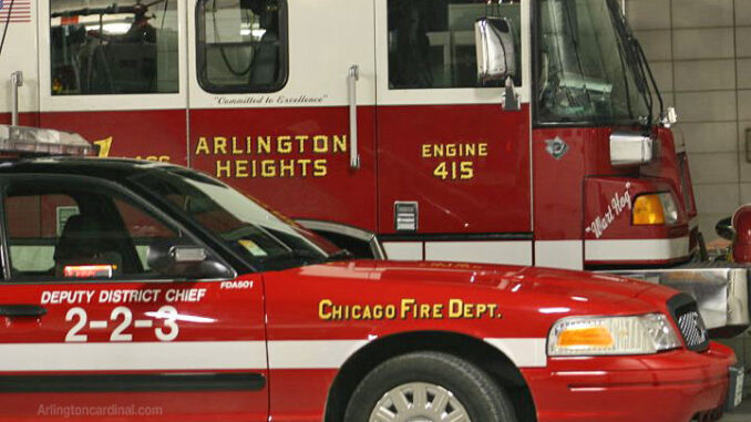 Arlington Heights Fire Department Engine 2 at Chicago Fire Department Engine Company 108 for station coverage during La Salle Bank Fire, Monday, December 6, 2004