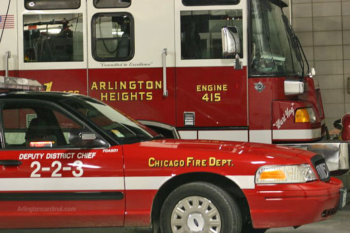 Arlington Heights Fire Department Engine 2 at Chicago Fire Department Engine Company 108 for station coverage during La Salle Bank Fire, Monday, December 6, 2004