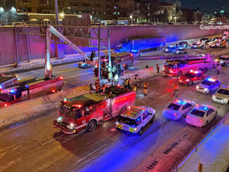 Squad 5 with snorkel up and Truck 18 with main aerial up during difficult extrication on the Dan Ryan Expressway on Tuesday, February 9, 2021 (PHOTO: Captured News)