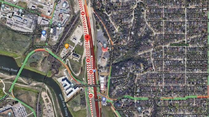 Crash Map Fort Worth pileup Thursday, February 11, 2021 (Imagery ©2021 Maxar Technologies, U.S. Geological Survey, USDA Farm Service Agency, Map data ©2021 Google)