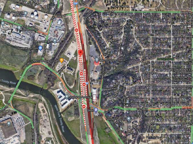 Crash Map Fort Worth pileup Thursday, February 11, 2021 (Imagery ©2021 Maxar Technologies, U.S. Geological Survey, USDA Farm Service Agency, Map data ©2021 Google)