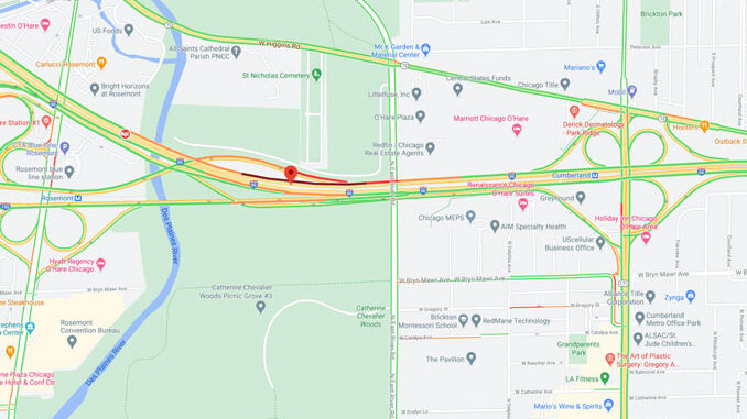 Crash Map I-90 West near I-190 exit and west of Cumberland Avenue near Rosemont and Chicago (Map data ©2021 Google)