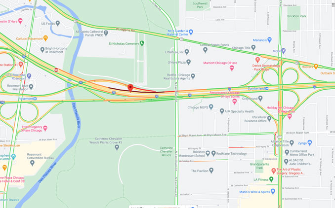 Crash Map I-90 West near I-190 exit and west of Cumberland Avenue near Rosemont and Chicago (Map data ©2021 Google)