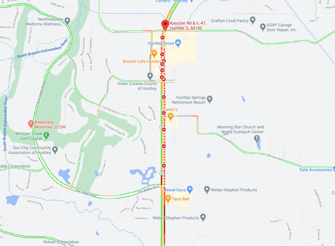 Fatal crash map on Route 47 in Huntley on February 8, 2021 (Map data ©2021 Google)