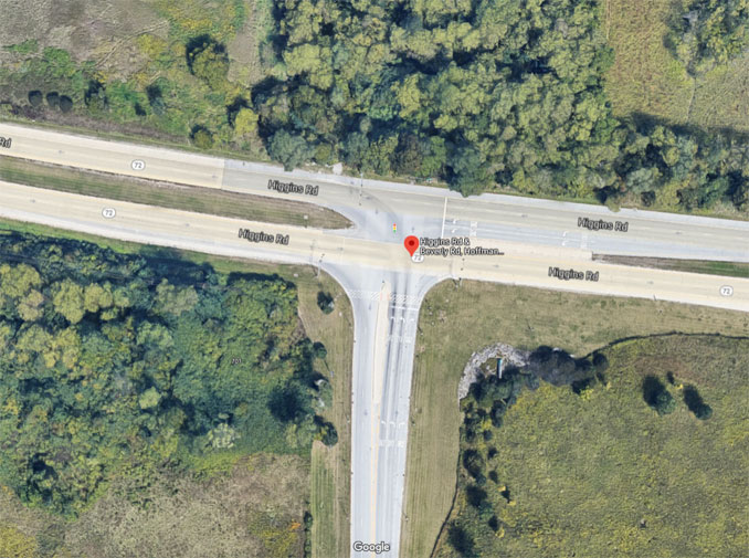 Aerial view of Higgins Road and Beverly Road in Hoffman Estates (Imagery ©2021 Google, Imagery ©2021 Maxar Technologies, U.S. Geological Survey, Map data ©2021)