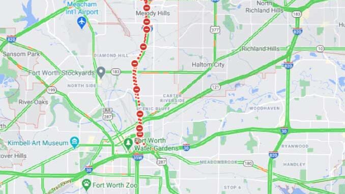 I-35 Closed at 10:45 p.m. CT (Map data ©2021 Google)