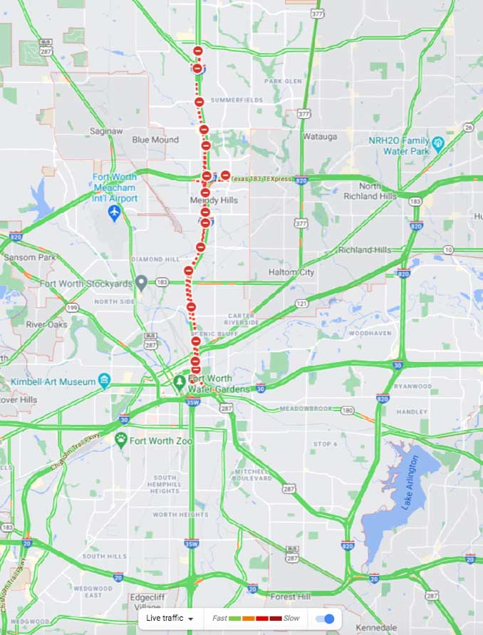 I-35 Closed at 10:45 p.m. CT (Map data ©2021 Google)