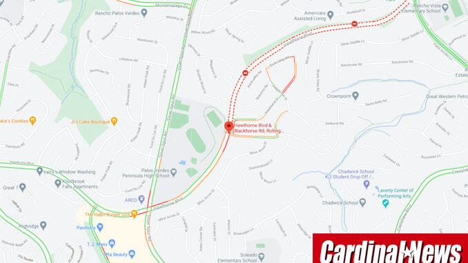 Map of Tiger Woods crash scene at Hawthorne Boulevard and Blackhorse Road in Rolling Hills Estates, California