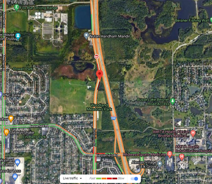 Crash map on Martingale Road south of Schaumburg Road in Schaumburg (Imagery ©2021 Maxar Technologies, U.S. Geological Survey, USA Farm Service Agency, Map data ©2021 Google)