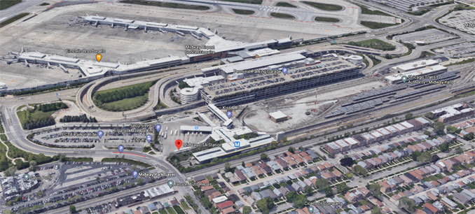 Midway International Airport CTA Orange Line Station (Imagery ©2021 Google, Imagery ©2021 Maxar Technologies, Sanborn, U.S. Geological Survey, USDA Farm Service Agency, Map data ©2021 Google)