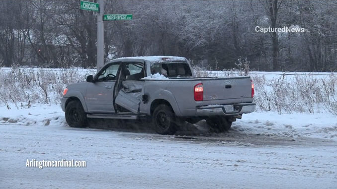 Pickup truck crash with IDOT snow plow at Northwest Highway and Chicago Avenue in Arlington Heights