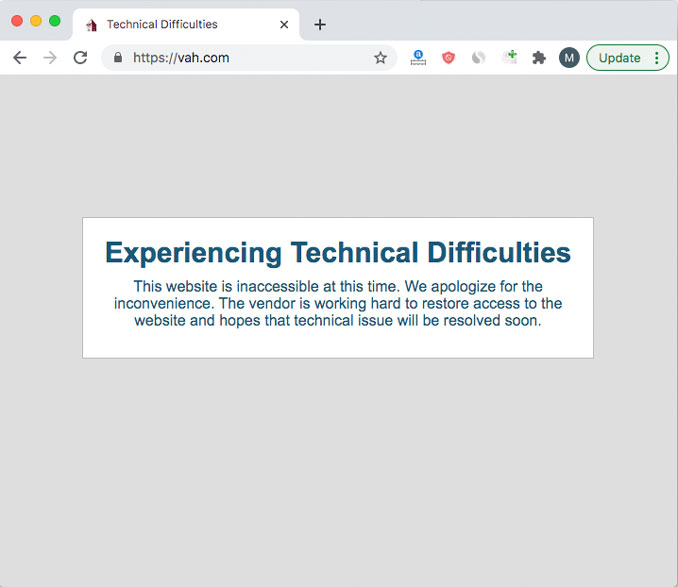 Village of Arlington Heights website experiencing technical difficulties (Screen Capture of vah.com)