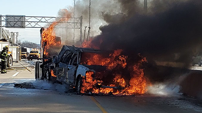 Crash with fire involving a bobtail and a white Ford Expedition on I-88 West near Naperville Road (SOURCE: Lisle-Woodridge Fire District)
