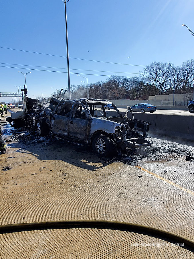 Crash with fire involving a bobtail and a white Ford Expedition on I-88 West near Naperville Road (SOURCE: Lisle-Woodridge Fire District)