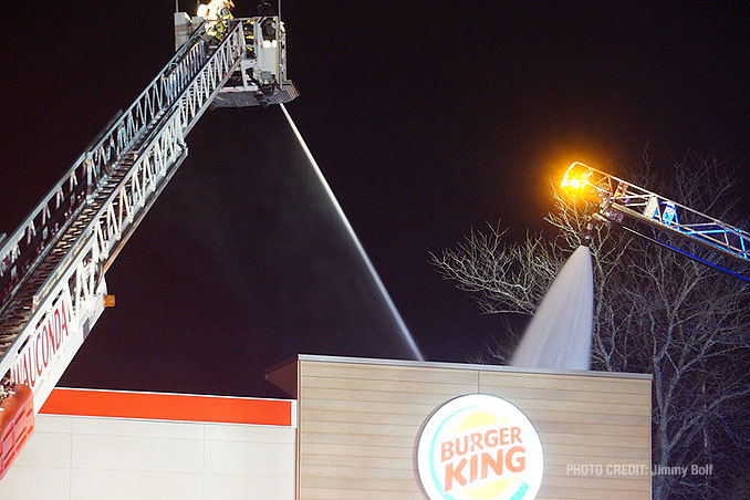 Wauconda Tower crew and Buffalo Grove pipe at an extra alarm fire at Burger King on Rand Road in Lake Zurich (PHOTO CREDIT: Jimmy Bolf)