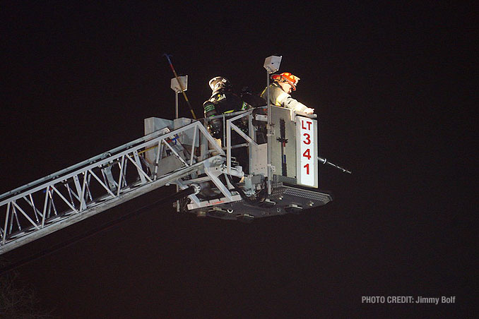 Wauconda Ladder Tower crew at extra alarm fire at Burger King on Rand Road in Lake Zurich (PHOTO CREDIT: Jimmy Bolf)