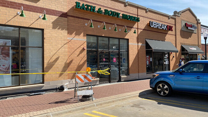 Damage to brick and stone and a lamp post at Bath & Body Works after a car crashed into the wall 41 S. Evergreen Ave., Arlington Heights