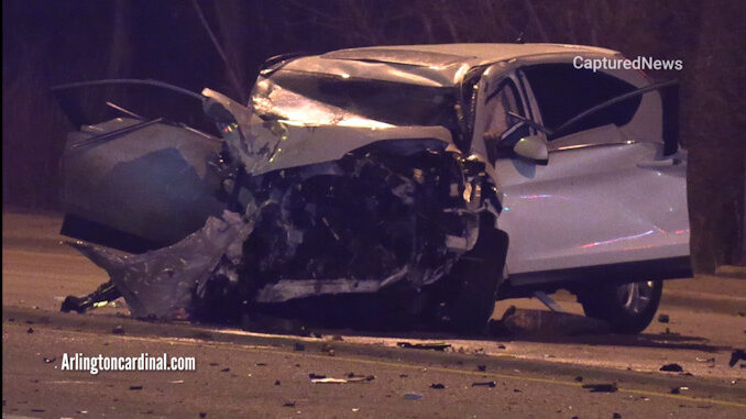 Crashed vehicle on the median of Biesterfield Road just west of Beisner Road near Alexian Brothers Medical Center in Elk Grove Village