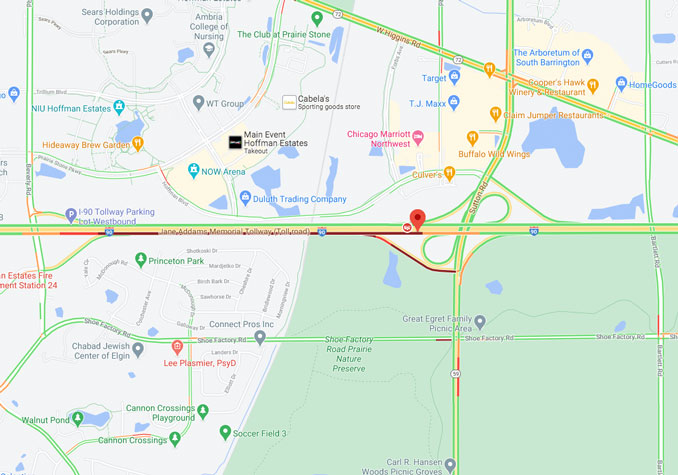 Crash Map with traffic layer at I-90East near Sutton Road near Hoffman Estates (Map data ©2021 Google)