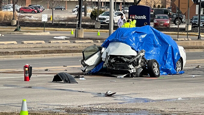 Francisco Flores Rodriguez, Georgina Perez Gomez, and Javier Flores Perez were traveling in this white Honda sedan when they were killed in a high-speed crash at Rand Road and Mount Prospect Road in Mount Prospect