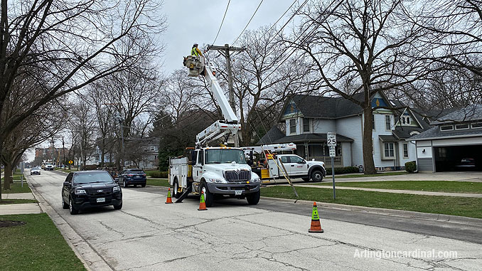 ComEd repair for power line down on Dunton Avenue between Euclid Avenue and Hawthorne Street in Arlington Heights