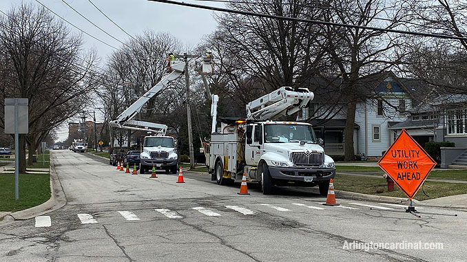ComEd repair for power line down on Dunton Avenue between Euclid Avenue and Hawthorne Street in Arlington Heights