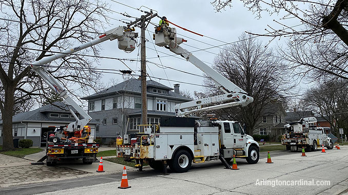 ComEd repair for power line down on Dunton Avenue between Euclid Avenue and Hawthorne Street in Arlington Heights