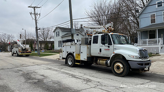 ComEd repair for power line down on Dunton Avenue between Euclid Avenue and Hawthorne Street in Arlington Heights