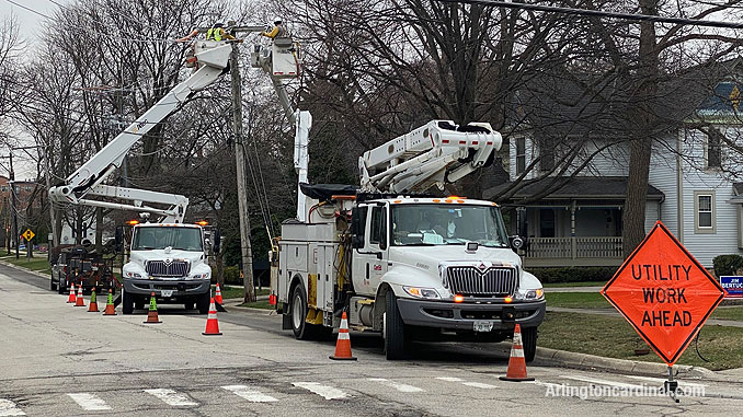 ComEd repair for power line down on Dunton Avenue between Euclid Avenue and Hawthorne Street in Arlington Heights