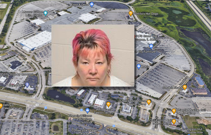 Susan R. Davis, arson suspect after fire in a Gurnee Mills bathroom (SOURCE: Lake County Sheriff's Office/Imagery ©2021 Google, Imagery ©2021 Maxar Technologies, U.S. Geological Survey, USDA Farm Service Agency, Map data ©2021)