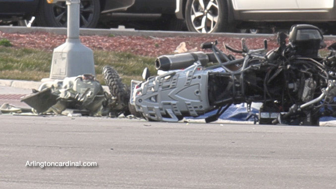 Wrecked motorcycle at Golf Road and National Parkway in Schaumburg on Sunday, March 21, 2021