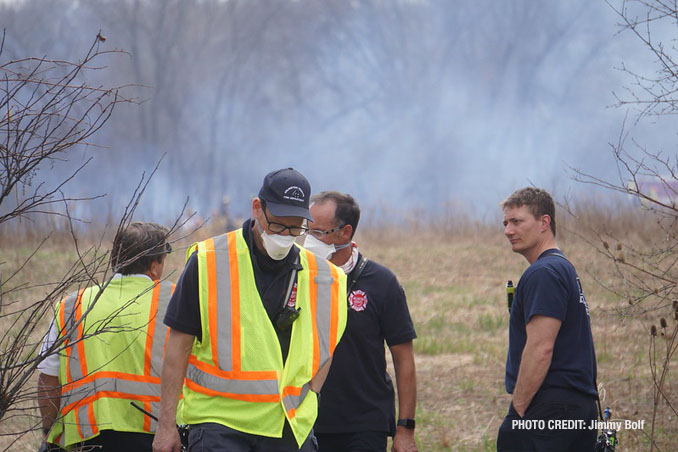 Firefighters at work at Long Grove/Kildeer brush fire on Tuesday, April 6, 2021 (PHOTO CREDIT: Jimmy Bolf)