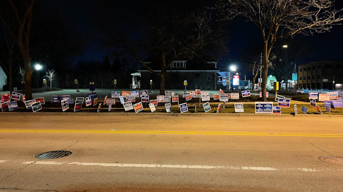 Campaign signs on Sigwalt Street across from Arlington Heights Village Hall