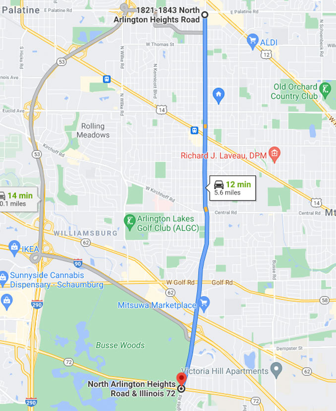 Arlington Heights Road from Palatine Road to Higgins Road (Map data ©2021 Google)