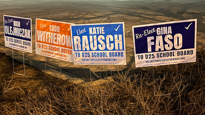 Campaign signs for Arlington Heights Forward candidates