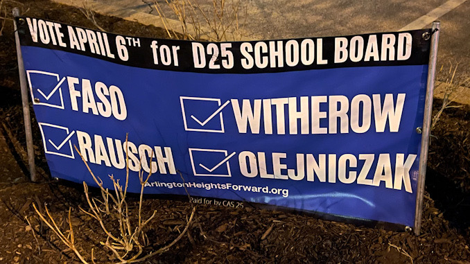 Campaign sign for Arlington Heights Forward candidates